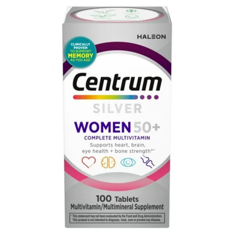 Centrum Silver Women 50+ multivitamin bottle with 100 tablets, designed for women over 50, from Farmacias Savia.