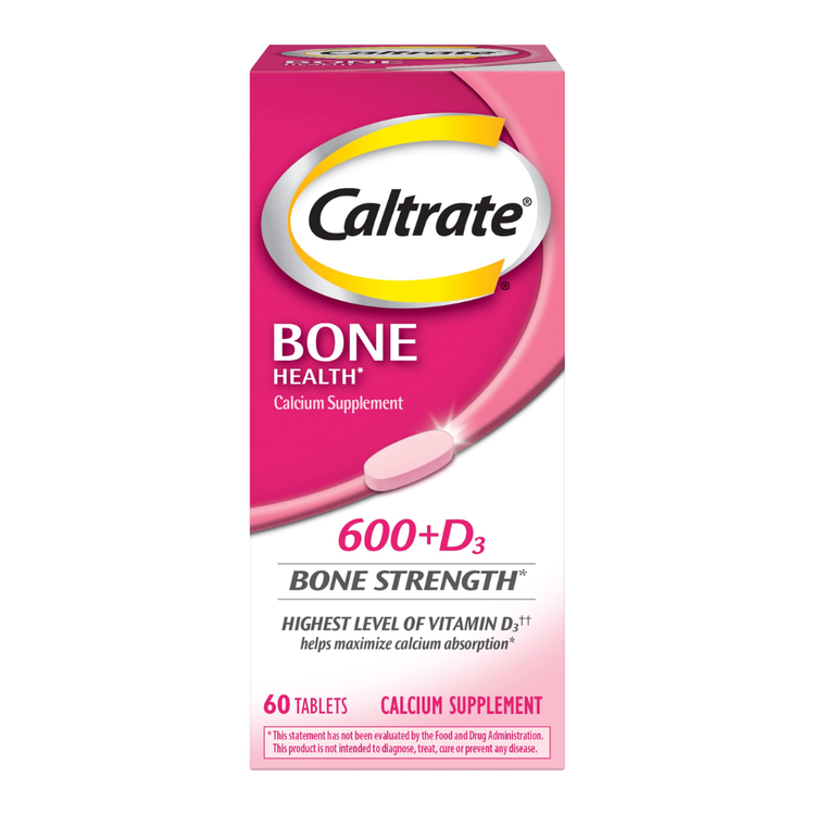 Caltrate Bone Health 600+D3 vitamins and supplements bottle with 60 tablets, designed to support bone strength and health.