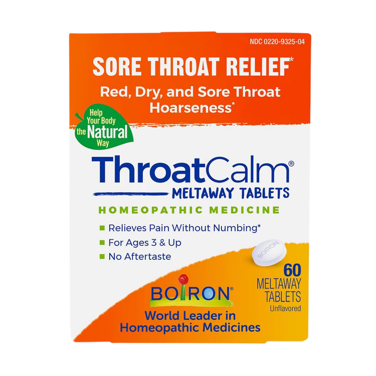 Boiron ThroatCalm Lozenges in a box, herbal OTC throat relief tablets by Farmacias Savia, 60-count package