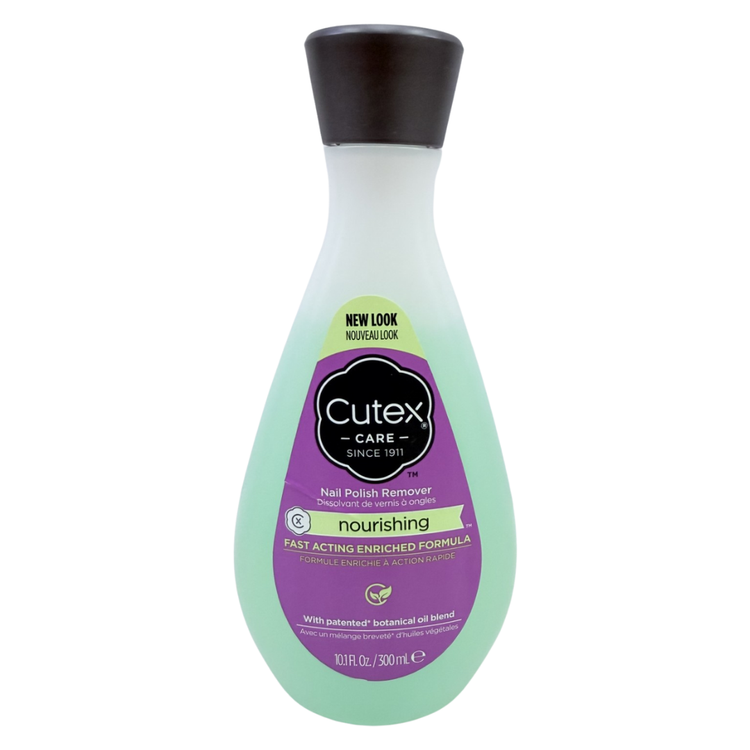 Cutex Nourishing Nail Polish Remover in a 10.1oz bottle, featuring clear liquid and a label with product details.
