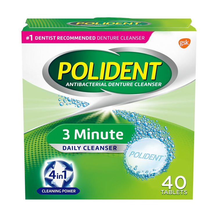 Polident 3 Minute Denture Cleanser Tablets in a container, designed for oral care and denture cleaning.