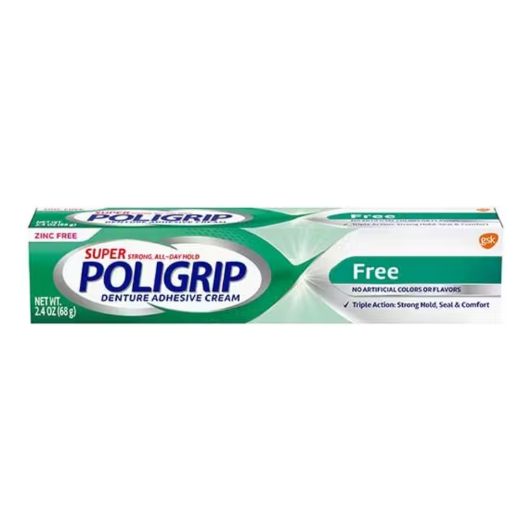 Zinc-free Poligrip denture adhesive cream in 2.4oz tube, used for secure denture fit and oral care.