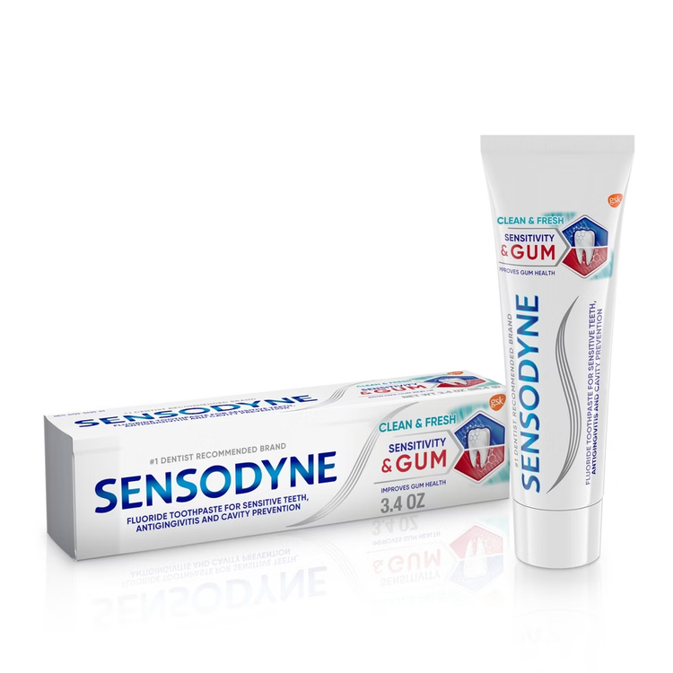 Sensodyne Sensitivity + Gum Clean Fresh toothpaste in 3.4 oz tube, designed for oral care and gum sensitivity relief.