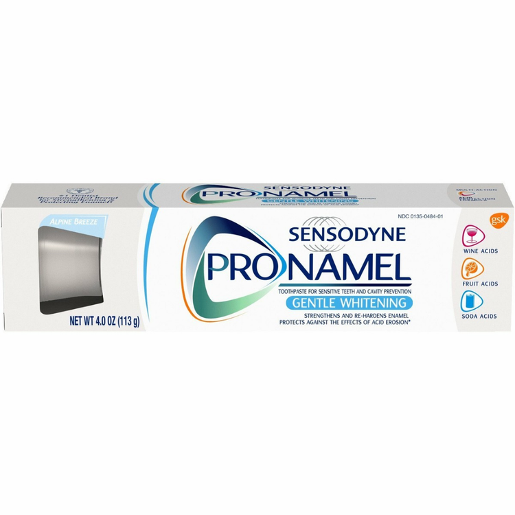 Sensodyne Pronamel toothpaste in a 4oz tube, designed for sensitive teeth, with a white and blue packaging.