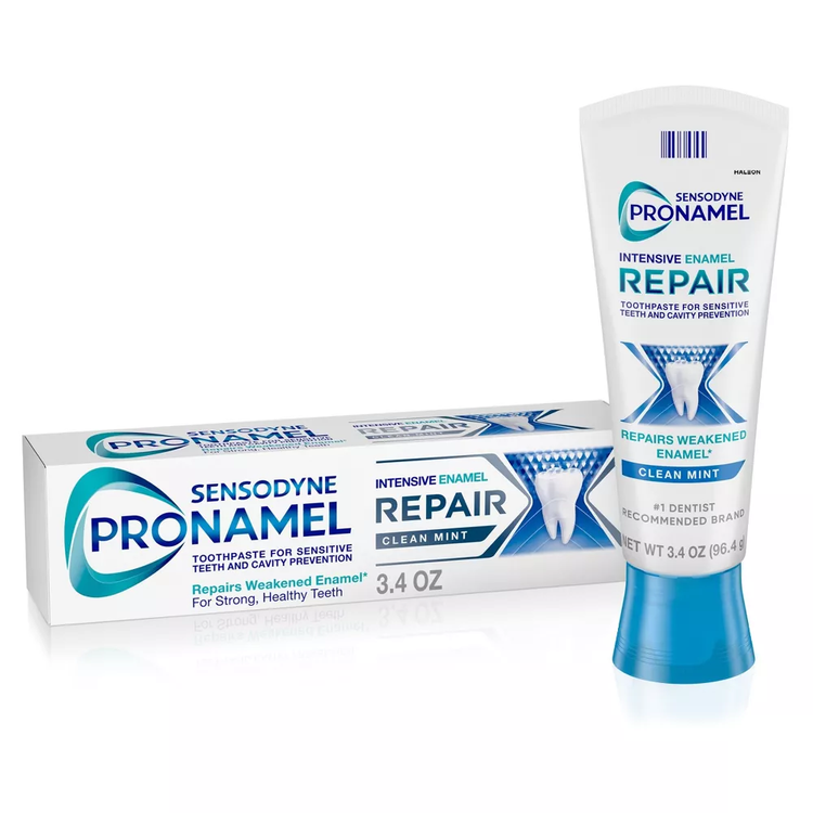 Sensodyne ProNamel Intensive Enamel Repair Clean Mint toothpaste in a 3.4oz tube, designed to strengthen and protect tooth enamel.