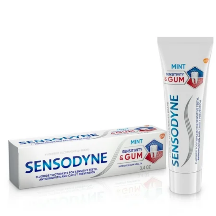 Sensodyne Sensitivity & Gum Mint Toothpaste in 3.4 oz tube, designed for oral care and gum sensitivity.