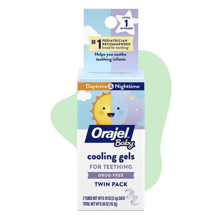 Farmacias Savia Orajel Baby Cooling Gels for Teething twin pack, 0.36 oz, showing the gel tubes with packaging for daytime and nighttime relief.