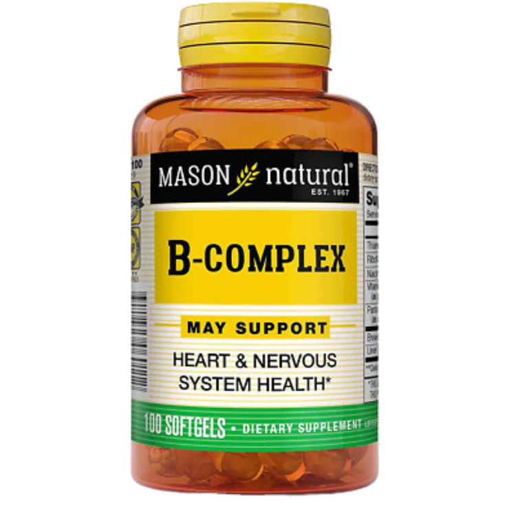 Mason Natural B-Complex supplement softgels in a bottle, 100 count, natural vitamin B complex dietary softgel capsules.
