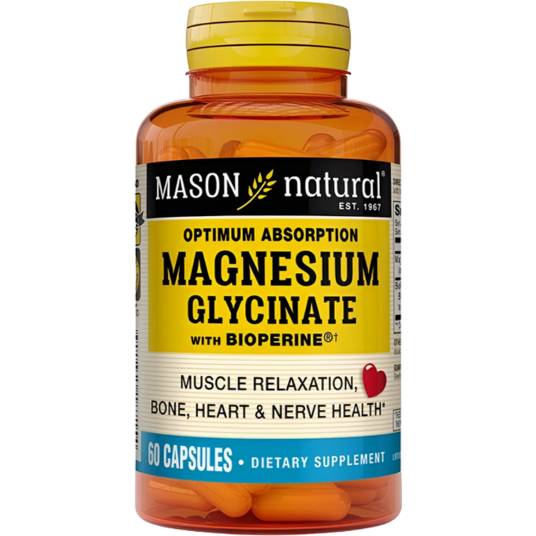 Mason Natural Magnesium Glycinate with Bioperine capsules in a white bottle, 60 count, on a plain background.