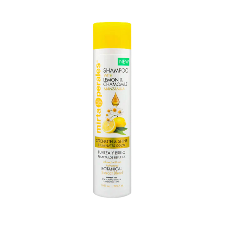 Mirta de Perales Lemon & Chamomile Shampoo for strength and shine in a 10 oz bottle, with lemon slices and chamomile flowers visible.