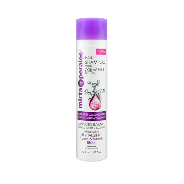 Mirta de Perales Collagen & Biotin Shampoo for younger-looking hair, 10 oz bottle with label, on a plain background