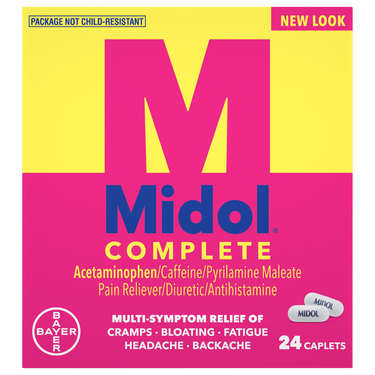 Midol Complete menstrual pain relief caplets in a 24-count bottle, with blister packaging and label visible.