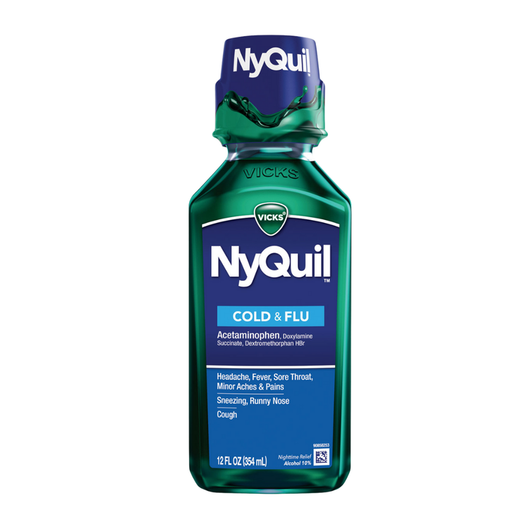 Vicks NyQuil Cold & Flu Relief liquid in a 12oz bottle, over-the-counter medication, with purple and white label.
