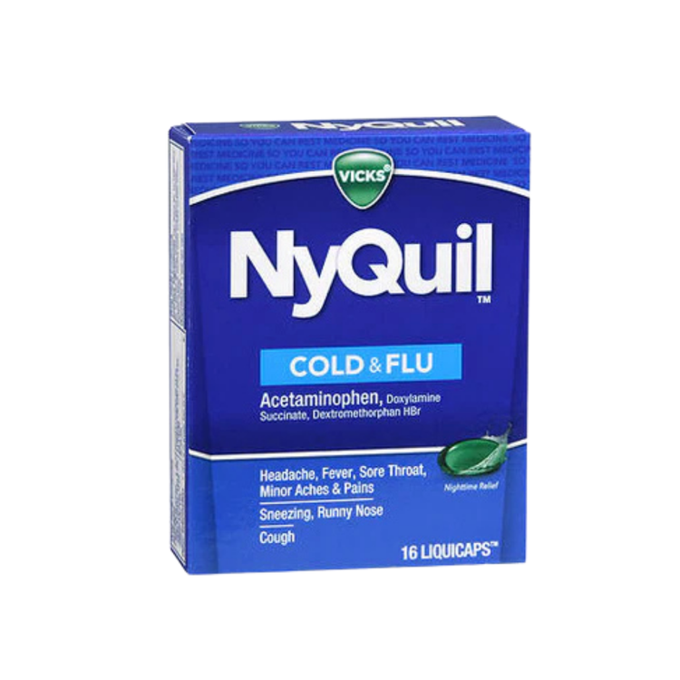 Vicks NyQuil Cold & Flu Nighttime Relief LiquiCaps bottle with 16 capsules, used for cold and flu symptom relief.