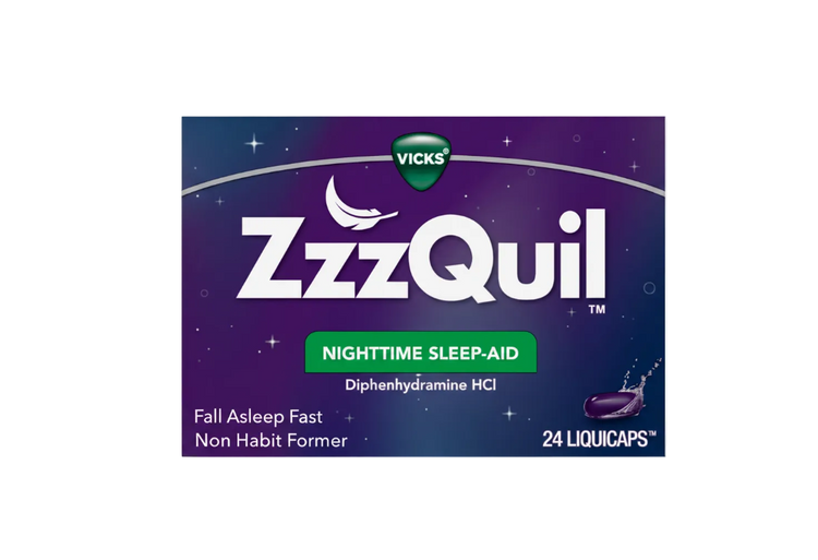 Vicks ZzzQuil Nighttime Sleep-Aid Liquicaps in a 12-count blister pack, used for helping improve sleep and relaxation.