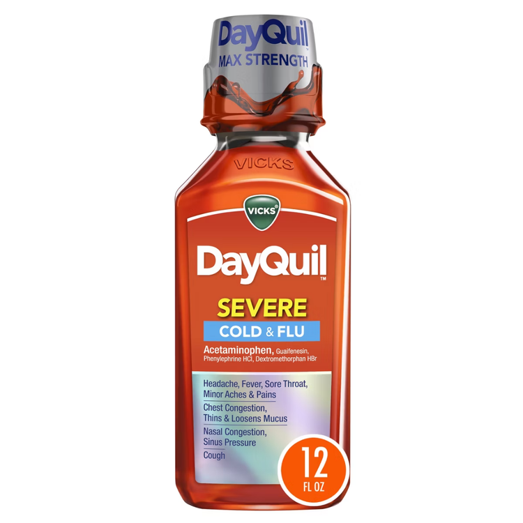 Vicks DayQuil Severe Cold & Flu Relief liquid in a 12oz bottle, non-drowsy formula, by Farmacias Savia.