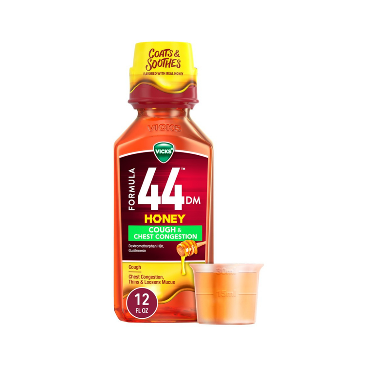 Vicks Formula 44 DM Honey cough syrup bottle with label, used for chest congestion relief, 12oz size.