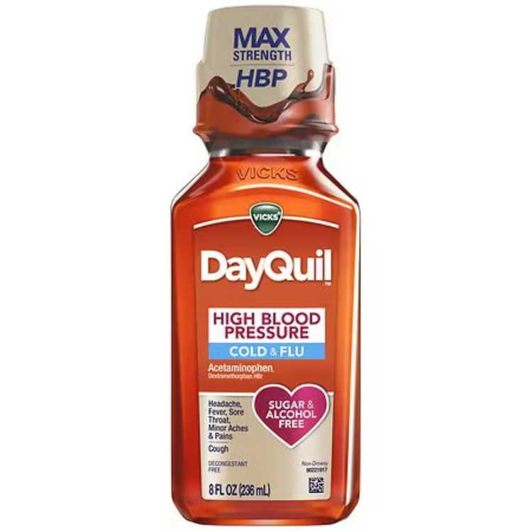 Vicks DayQuil high blood pressure cold and flu relief liquid medicine in an 8oz bottle, marketed by Farmacias Savia