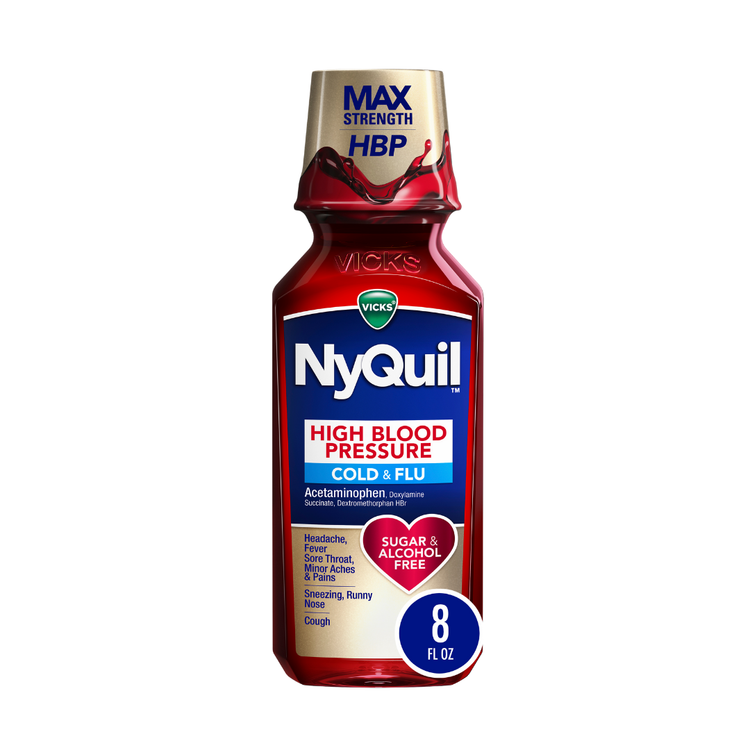 Farmacias Savia Vicks NyQuil HBP Nighttime Cold & Flu Liquid 8oz bottle with label showing ingredients and branding