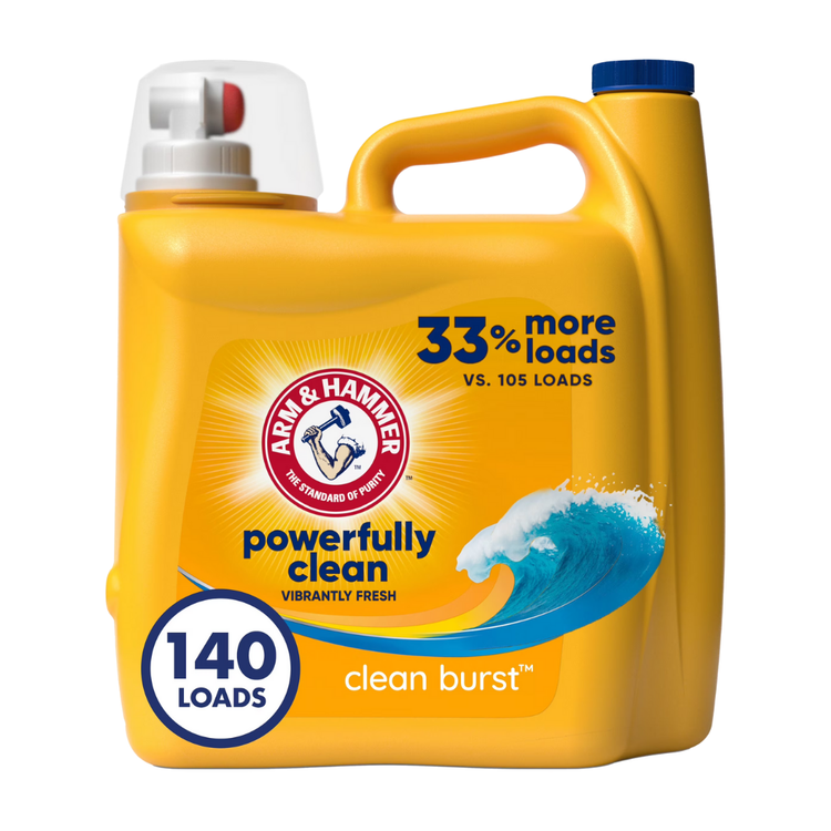 Arm & Hammer Clean Burst liquid laundry detergent 140 fl oz bottle with bright label and cap, designed for fresh laundry cleaning.