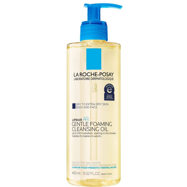 La Roche-Posay Lipikar AP+ gentle foaming cleansing oil in a 13.52 oz bottle, suitable for sensitive skin.