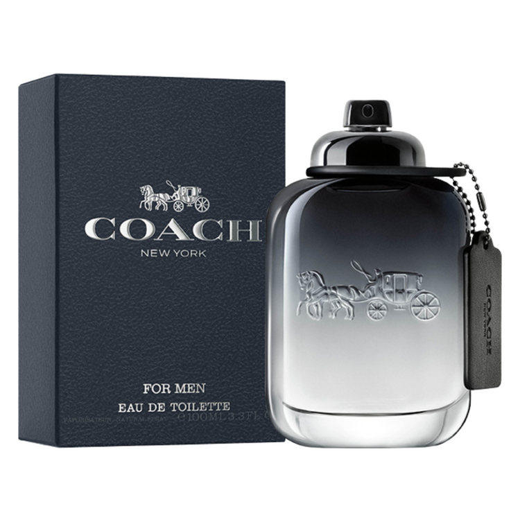 Coach Man Eau de Toilette perfume bottle, 3.4oz, with sleek design and label, displayed on a neutral background.