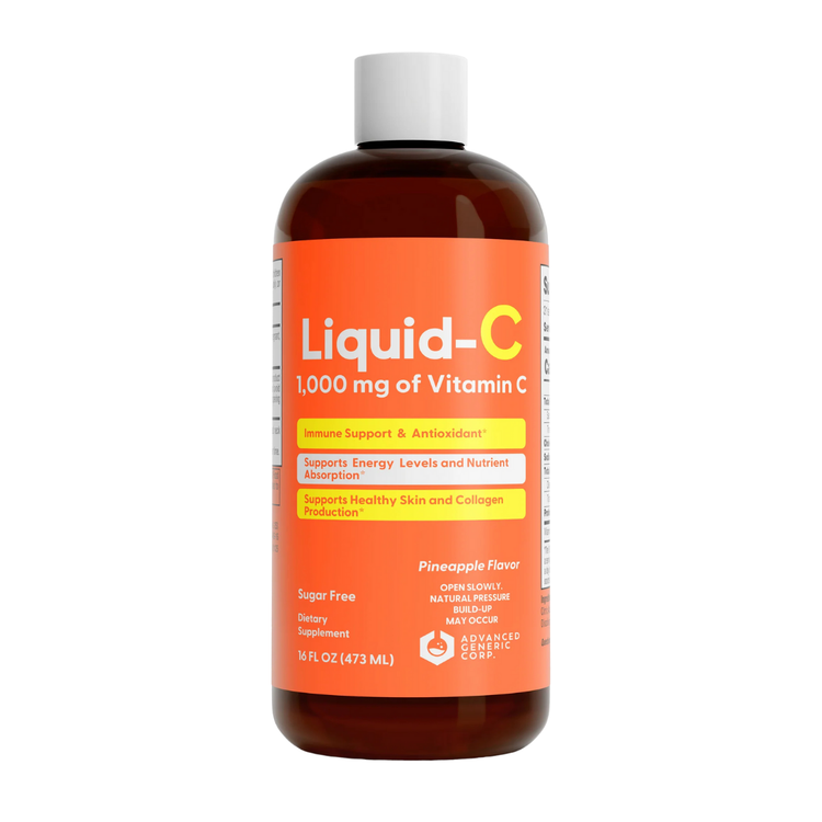Liquid-C 1000mg Vitamin C supplement bottle from Farmacias Savia, 16oz liquid vitamin C with orange flavor.