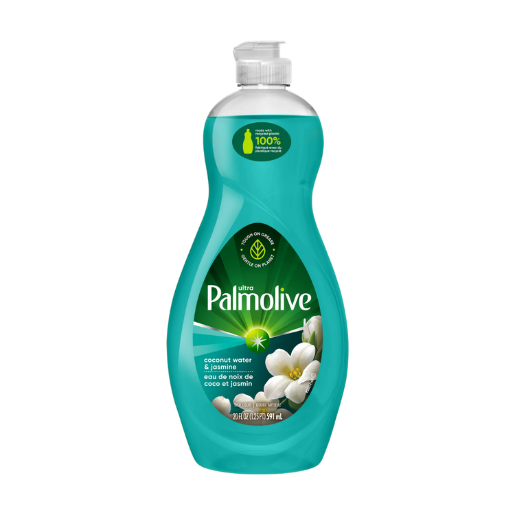 Palmolive Ultra Coconut Water and Jasmine dish liquid in a 20oz bottle, with a label featuring coconut and jasmine imagery.