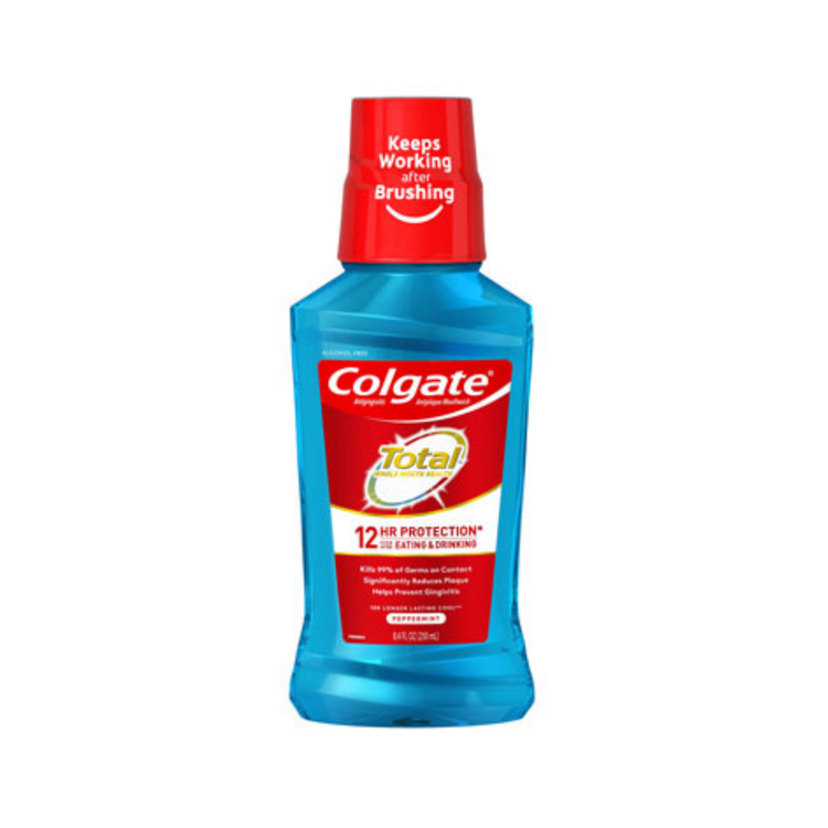 Colgate Total Peppermint Blast Mouth Wash in 8.4 oz bottle, used for oral care and freshening breath.