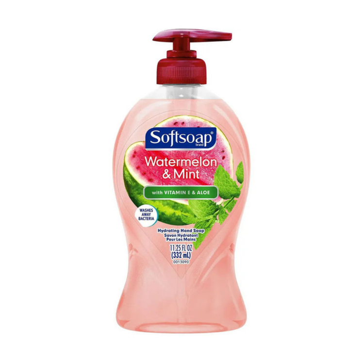 Softsoap Watermelon & Mint hydrating hand soap bottle, 11.25oz with watermelon and mint scent, displayed with label.