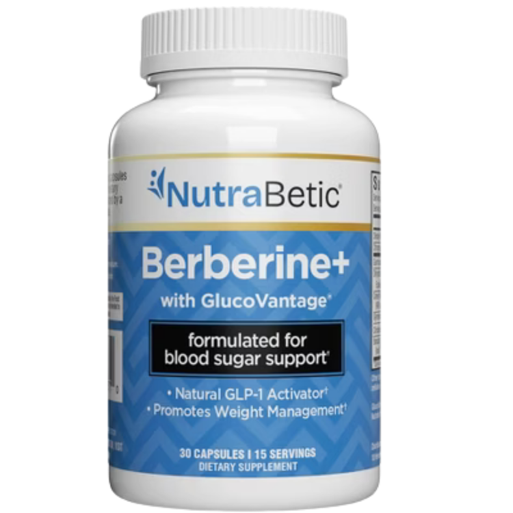 NutraBetic Berberine blood sugar support supplement bottle showing 30 capsules, labeled with product and brand details.