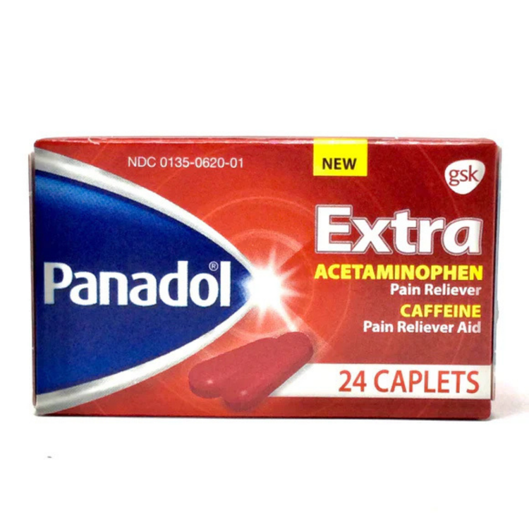 Farmacias Savia Panadol Extra Strength pain reliever with caffeine caplets, 24 count, in blister pack.