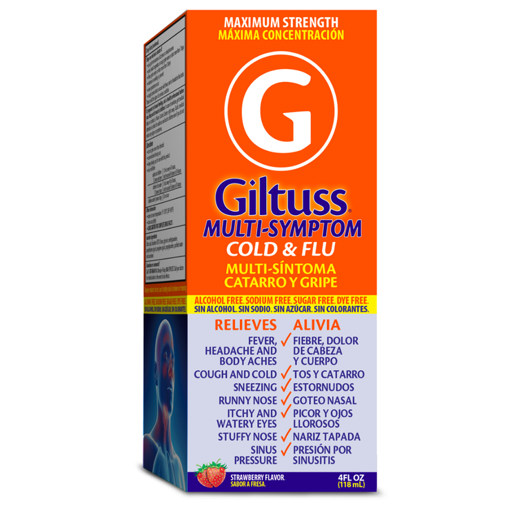 Farmacias Savia Giltuss Multi-Symptom Cold & Flu Maximum Strength Liquid 4 fl oz bottle, showing the product label and packaging.