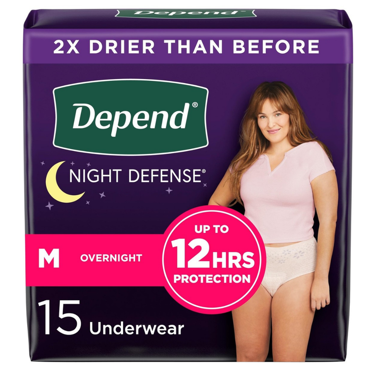 Depend Night Defense incontinence underwear for women, medium size, 15-pack, with discreet white fabric and adjustable fit.