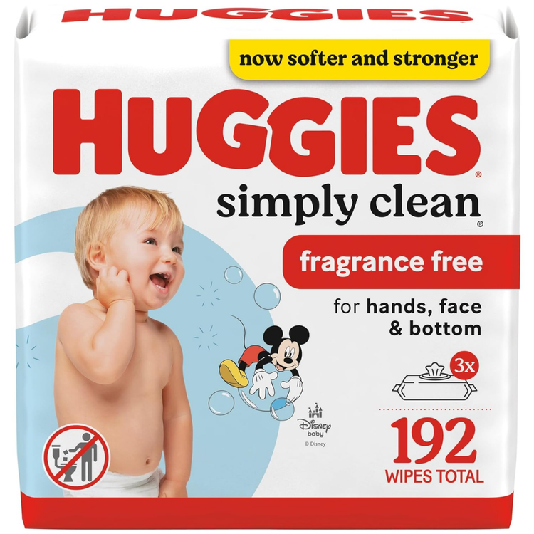 Huggies Simply Clean Unscented Baby Diaper Wipes in three flip-top packs, 192 wipes total, for gentle and effective cleaning.