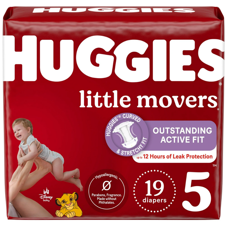 Huggies Little Movers Size 5 baby diapers in a pack of 19, featuring soft, absorbent material for active infants.