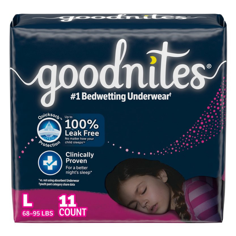 GoodNites Girls L underwear pack with 11 training underwear for girls aged 10-12, featuring colorful cartoon designs.
