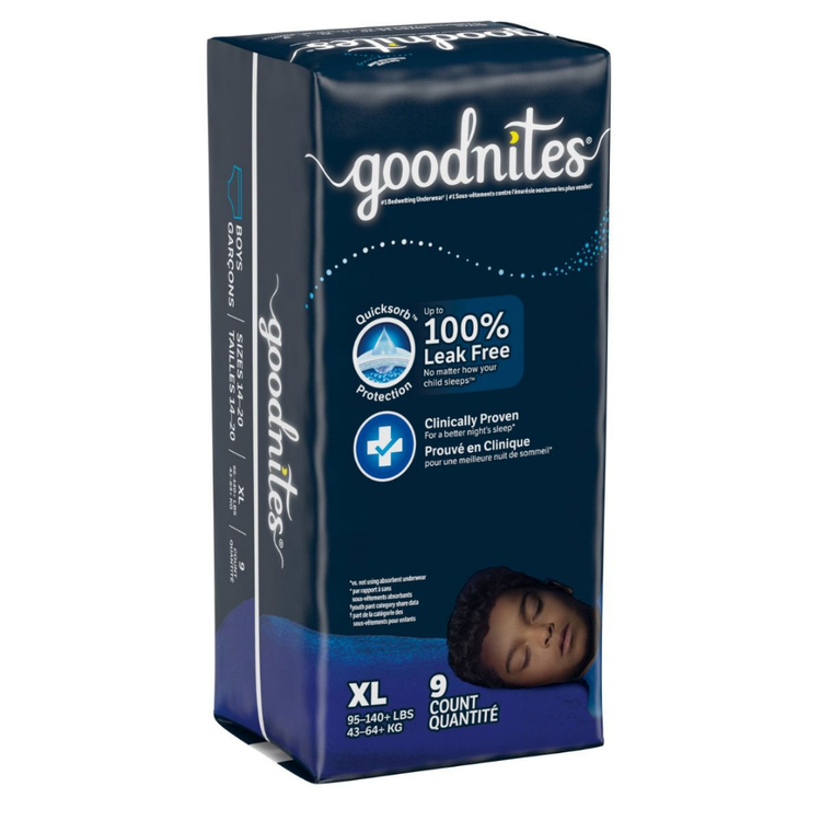 GoodNites Boys XL underwear for overnight protection, shown in a 9-pack by Farmacias Savia