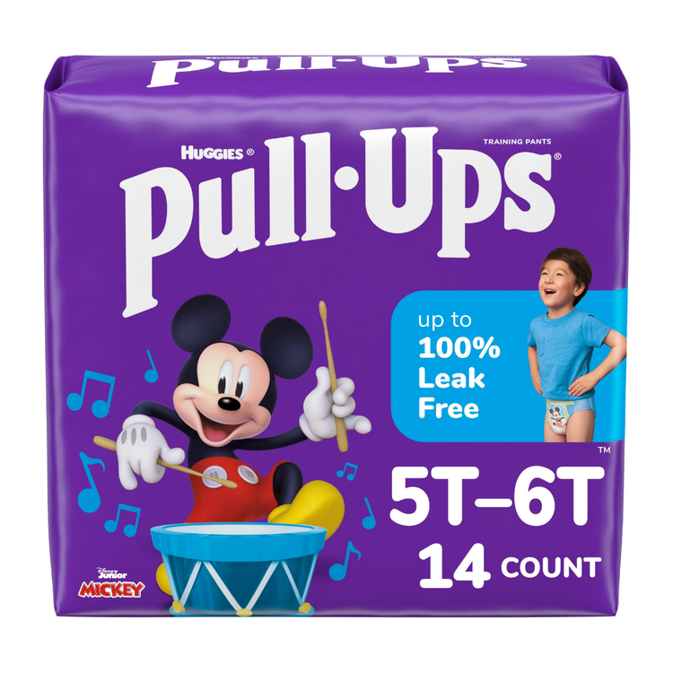Huggies Pull-Ups boys potty training pants in 5T-6T size, 14-count pack, featuring colorful cartoon designs for toddler training.