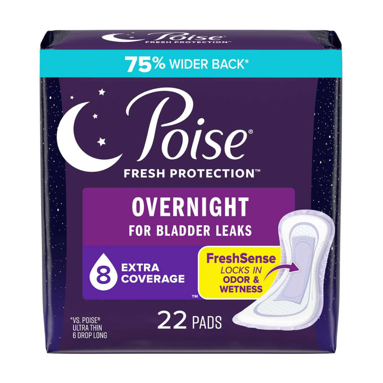 Poise overnight extra coverage incontinence pads, 22 count, showing soft, absorbent pads with discreet design for women.