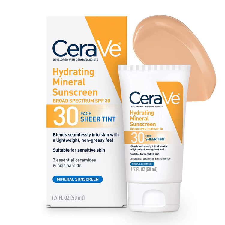 CeraVe Hydrating Mineral Sunscreen SPF 30 Sheer Tint in 1.7oz tube, featuring a light tinted formula for face sun protection