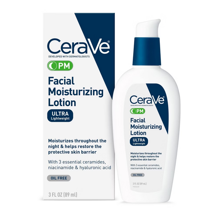 CeraVe PM facial moisturizing lotion in 3 oz bottle, a hydrating skin care product for face by Farmacias Savia.
