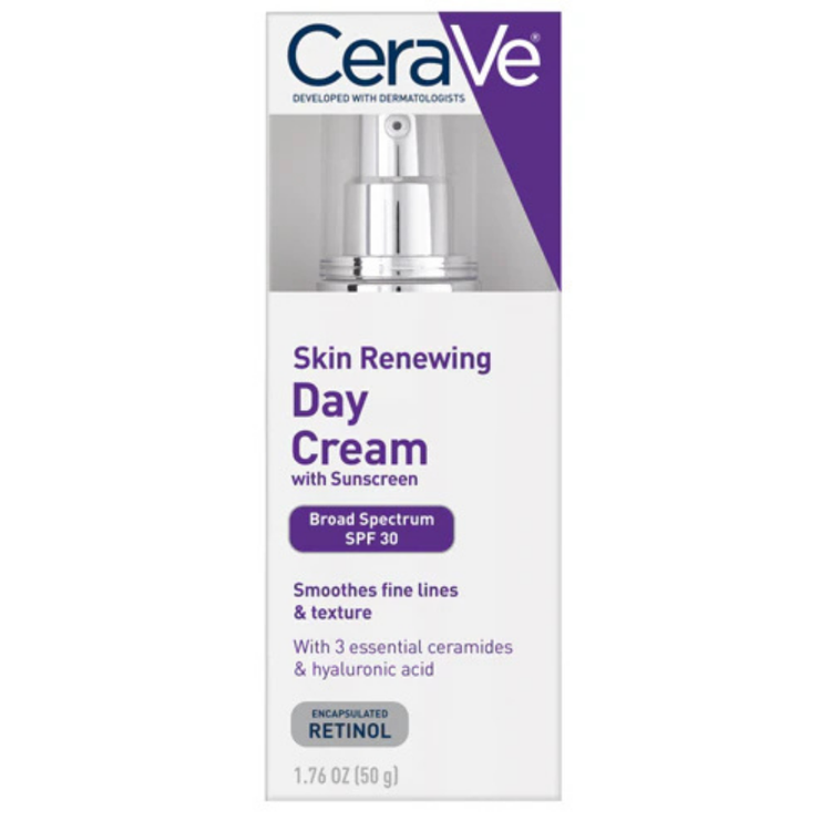 CeraVe Skin Renewing Day Cream SPF 30 in 1oz jar, with smooth cream texture and label showing SPF protection and skincare benefits.