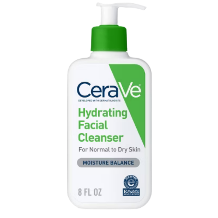 CeraVe Hydrating Facial Cleanser for normal to dry skin in an 8oz bottle, with a pump dispenser and white label.