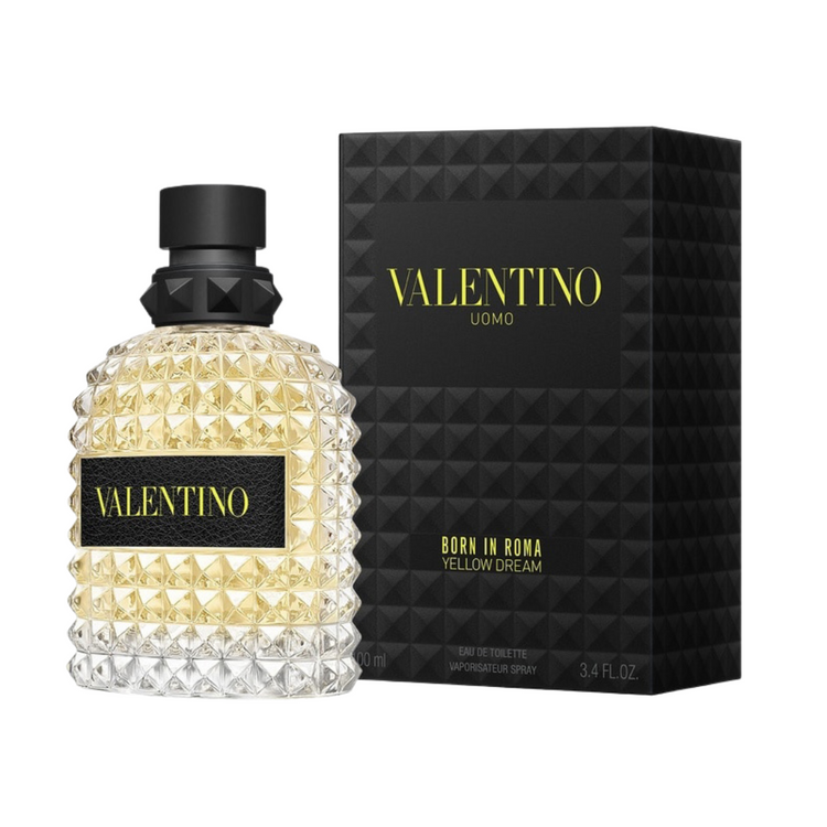 Valentino Uomo Born in Roma Yellow Dream men’s perfume bottle with yellow and black design, 3.4oz Eau de Toilette.