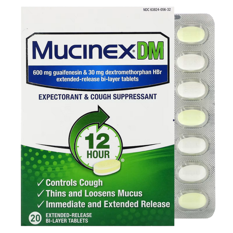 Mucinex DM 12-hour extended-release tablets 600mg/30mg, 20 count, in blister pack.