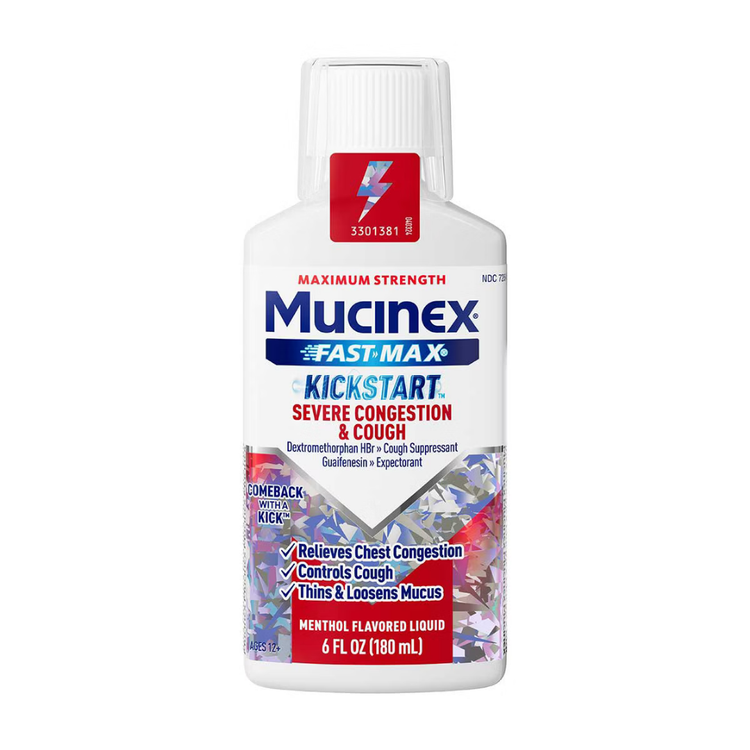 Mucinex Fast-Max Kickstart Severe Congestion and Cough liquid in a 6oz bottle, designed to relieve severe cold symptoms.