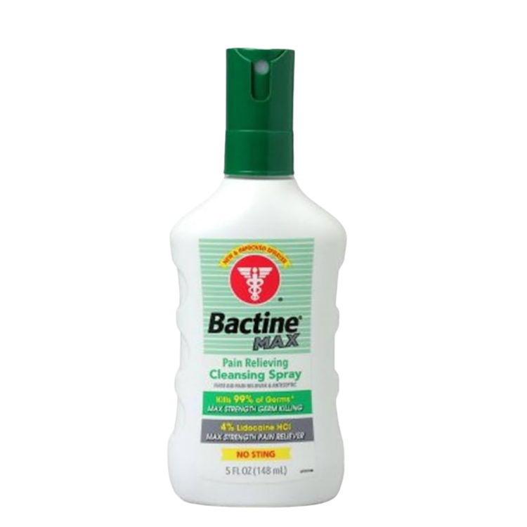 Farmacias Savia Bactine Max pain-relieving cleansing spray in a 5oz bottle with spray nozzle for skin relief.