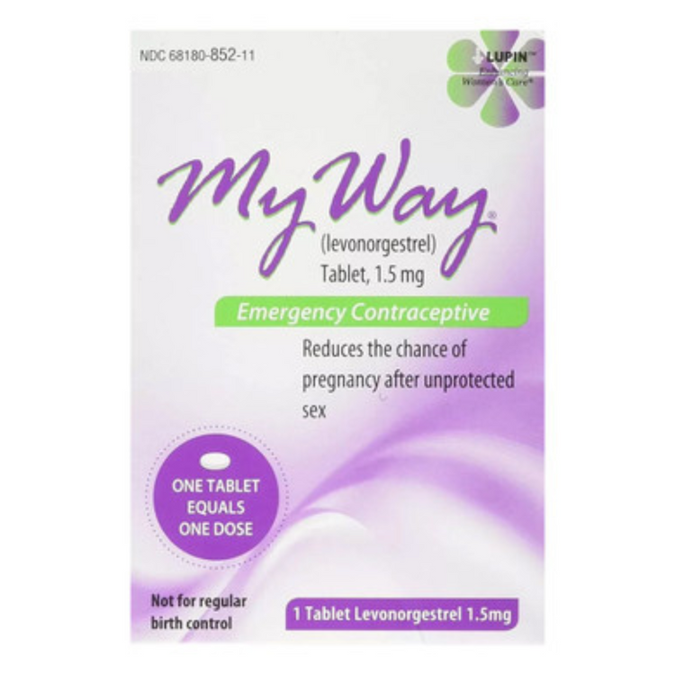 MY WAY Emergency Contraceptive box by Farmacias Savia, featuring packaging with product details and branding.