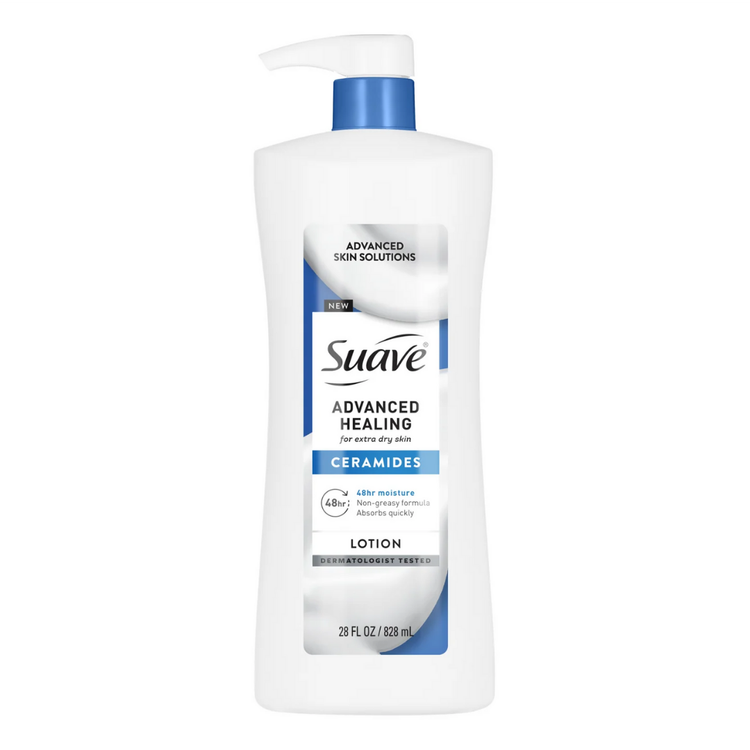 Suave Advanced Healing Body Lotion with Ceramides in a 28 oz bottle, showing a white lotion and pump dispenser.